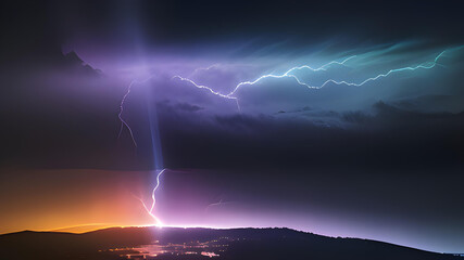 Stormy Night Sky with Lightning and Silhouette of Mountains