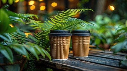   Two coffee cups sit adjacent on a wooden table amidst lush green foliage and softly glowing background lighting