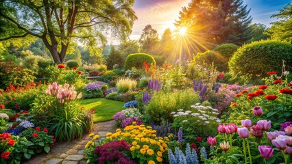 A sunlit garden with colorful flowers and lush greenery, creating a vibrant backdrop