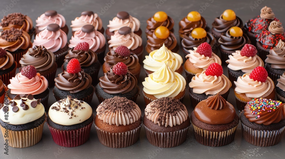 Poster a row of cupcakes with various toppings adorned on each one