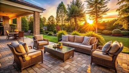 An inviting patio with comfortable outdoor furniture, basking in the gentle glow of the setting sun