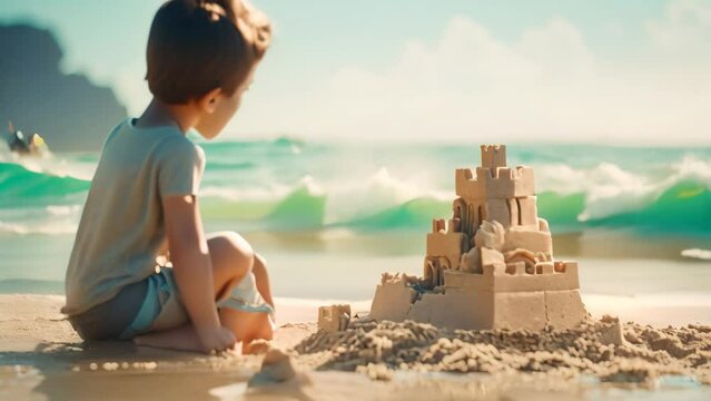 A little boy happily builds a sandcastle on a sunny beach, A child building a sandcastle at the beach