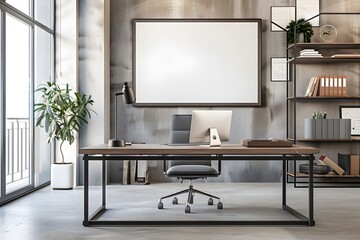 Modern Home Office Interior design for workspace with blank poster mockup background generative ai

