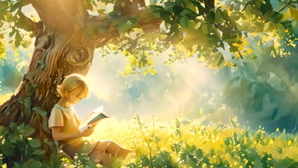 A child immersed in reading a book under a tree, A child reading a book under a shady tree, lost in a world of imagination