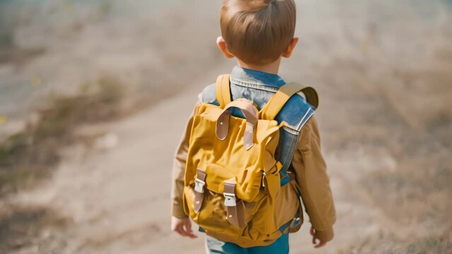 A young boy wearing a yellow backpack is walking down a road, A child with a backpack heading to school