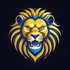 Fototapeta premium angry lion head logo vector with sharp blue and yellow mane, lion head logo on black