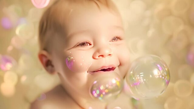 A chubby baby is joyfully playing with bubbles in front of a blurry background, A chubby baby with rosy cheeks and a dimpled chin, blowing bubbles and cooing happily