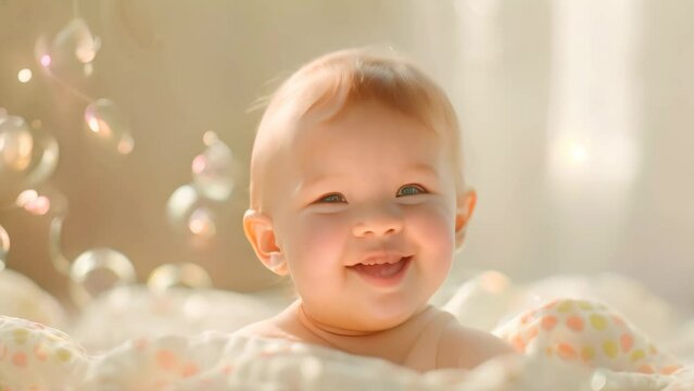 A chubby baby with rosy cheeks and a dimpled chin is laughing while playing with soap bubbles, A chubby baby with rosy cheeks and a dimpled chin, blowing bubbles and cooing happily