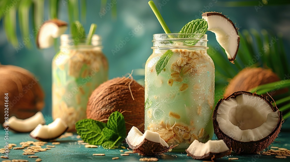 Poster   A mason jar holding a drink with an array of coconuts, fruit, and vegetables in close-up