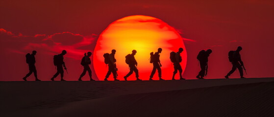 silhouettes of modern soldiers walking in the desert with giant red sunset sun background