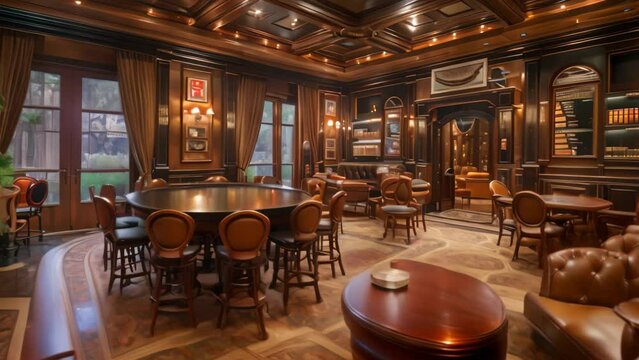 A game room featuring a pool table, leather couches, and a welcoming ambiance for entertainment and relaxation, A cigar lounge with leather couches and a poker game in full swing