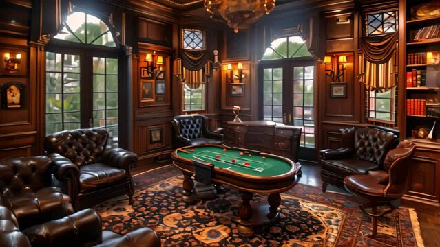 A living room furnished with various furniture pieces, including a pool table for entertainment, A cigar lounge with leather couches and a poker game in full swing