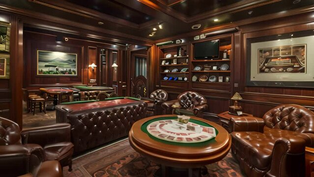 A luxurious game room featuring comfortable leather chairs surrounding a poker table for lively games and social gatherings, A cigar lounge with leather couches and a poker game in full swing
