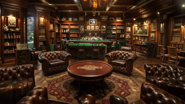 A crowded living room filled with various furniture pieces including a pool table, A cigar lounge with leather couches and a poker game in full swing