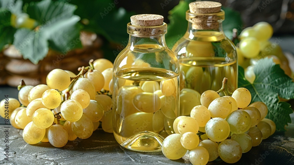 Poster a group of grapes adjacent to an oil container and grapes atop a table