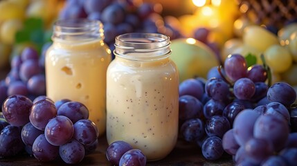   A table topped with jars, one filled with liquid, the other with lemons, surrounded by grapes