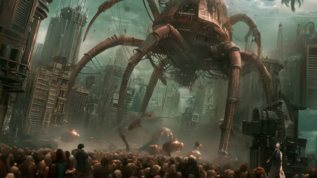 A massive spider is seen in the city, drawing attention and causing chaos, A cityscape besieged by a horde of techno-organic creatures