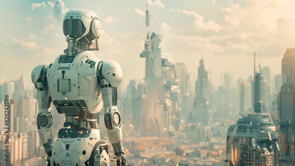 Poster a robot stands tall in front of a modern cityscape dominated by advanced technology and automation, 
