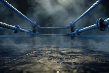 A boxing ring with blue ropes on the left and right sides