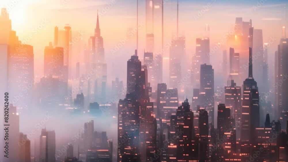 Poster cityscape with towering skyscrapers shrouded in thick fog, creating a mysterious atmosphere, a citys