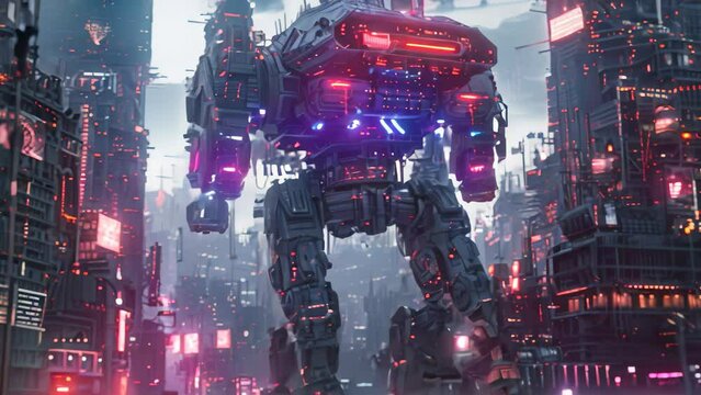 A futuristic cityscape with a towering giant robot standing in the center, A cityscape dominated by massive mechs and war machines