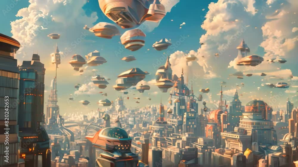 Poster a futuristic city packed with an array of flying objects zipping through the air, a cityscape filled