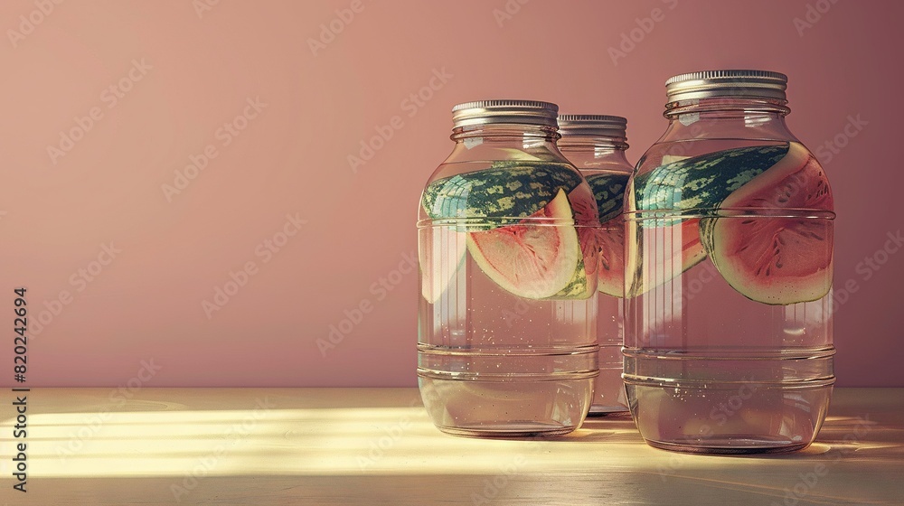 Poster two water bottles filled with watermelon slices and one additional slice on a table