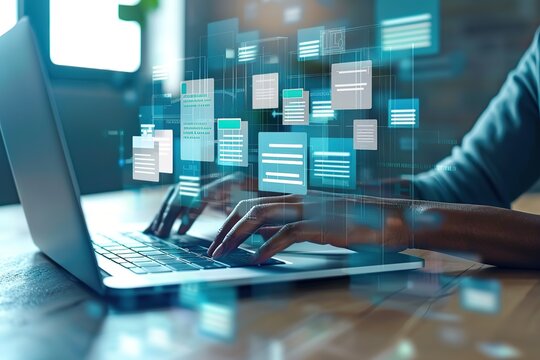 A person is using a laptop computer with digital documents and a virtual touch screen interface on a blue background