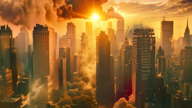 The sun is setting over a city with tall buildings in the background, A cityscape on the brink of collapse due to resource depletion