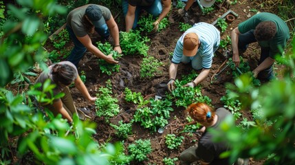 Group of people gardening together in a lush green area