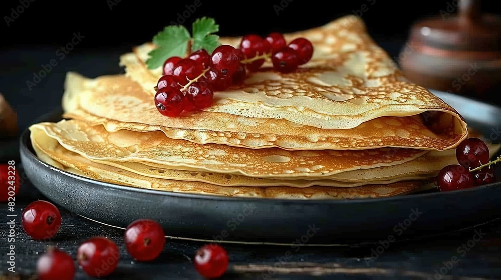 Poster a stack of crepes topped with berries and a background of cranberries in a bowl