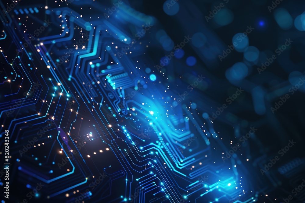 Poster abstract blue technology background with a circuit board and glowing dots on a dark black backdrop