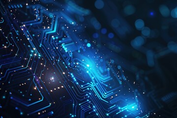 Obraz premium Abstract blue technology background with a circuit board and glowing dots on a dark black backdrop