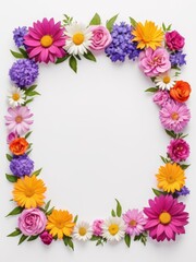 Fototapeta premium A vibrant square frame composed entirely of colorful flowers. Perfect for framing photographs, invitations, greetings cards or any other creative project.