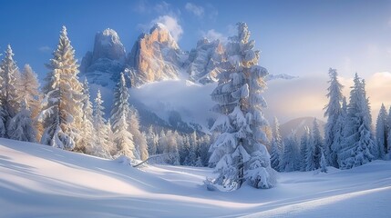 Snowy forest near Fedarola alm, winter in Dolomites, Cortina d'Ampezzo, Belluno, Veneto, Italy