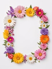 Fototapeta premium A vibrant square frame composed entirely of colorful flowers. Perfect for framing photographs, invitations, greetings cards or any other creative project.