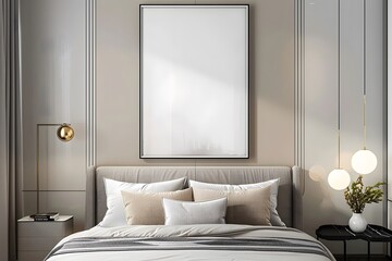 3D Colorful Modern Bedroom Home Interior Mockup Design with Blank Poster Decoration wall, Floor Generative AI
