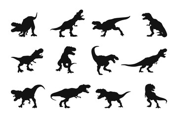 A vector collection of Tyrannosaurus rex silhouettes for artwork compositions.