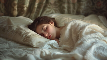 A young woman sleeps peacefully in her bed, covered in a cozy white blanket.