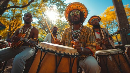 Fototapeta premium Vibrant international music jam session in a park