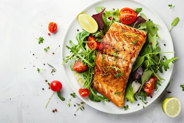 Baked salmon with fresh salad on a plate against a light background