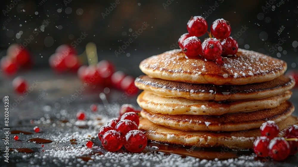 Poster a table is set with a stack of pancakes sprinkled in powdered sugar and topped with raspberries