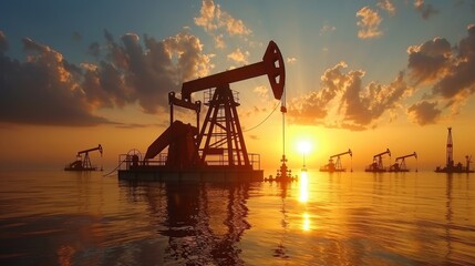 Operational petroleum extraction pump jack in a vast and expansive oil field setting