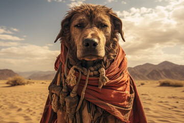 Naklejka premium A dog wearing a scarf is pictured in the desert landscape under a blue sky with a few clouds. The dog, a carnivore and working animal, blends with the natural environment