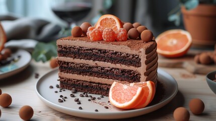  Close-up of a cake slice on a plate with oranges and chocolate candy nearby