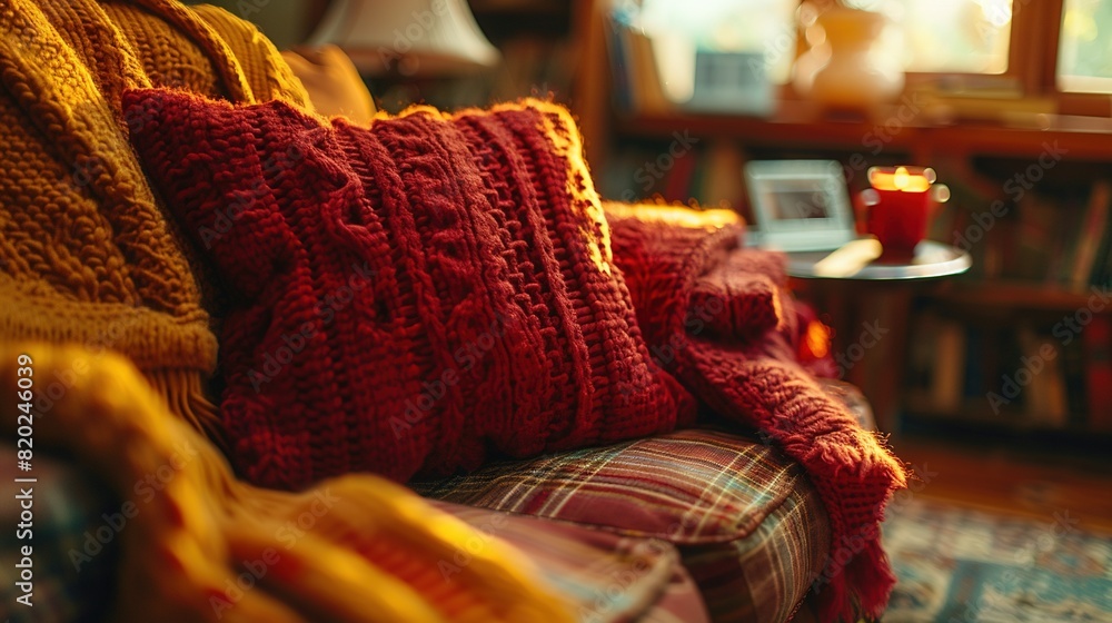 Poster close-up of a sofa with a blanket and coffee table with a lamp in the backdrop