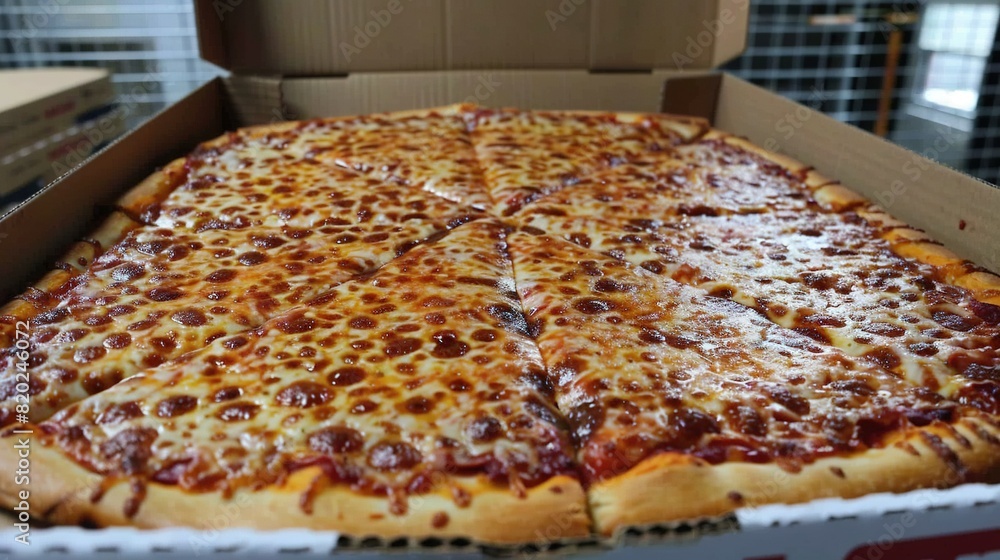 Poster a large pizza in a box on a wooden table with a box of pizza in front)