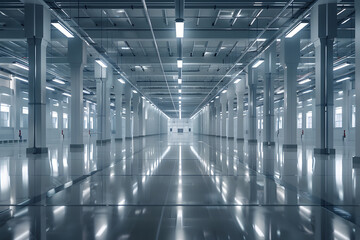 Obraz premium Interior of a large, clean warehouse with reflective shiny floor and a systematic arrangement of pillars and lights. AI