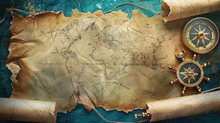 Concept for celebrating Columbus Day in the USA. World map, compass, top view, place for text, banner for columbus day, sea voyage