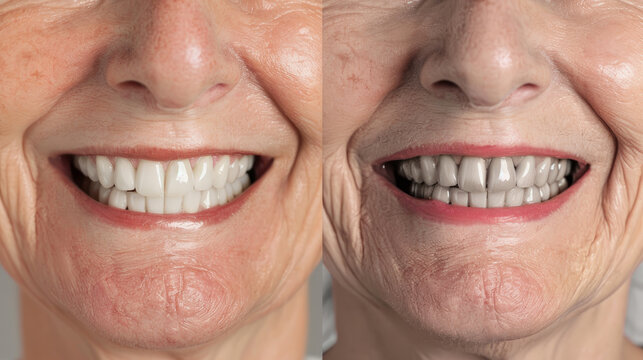 Before and after images of a smile transformation using all-on-four dental implants. This implant procedure includes placing four implants in the jawbone to support a full set of porcelain teeth.